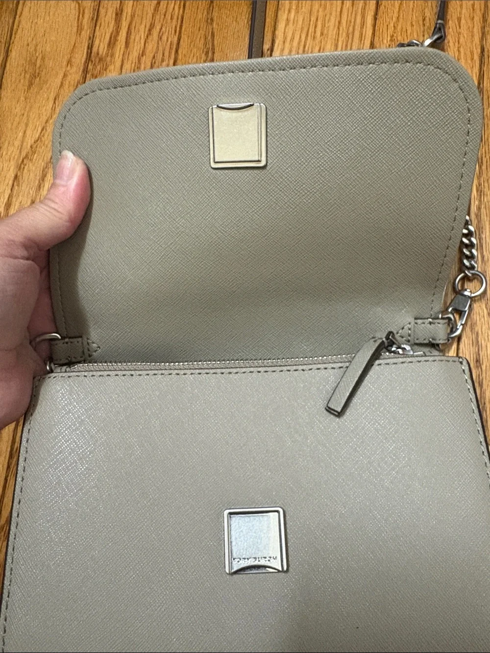 Tory Burch Light Gray Saffiano Leather Crossbody with Chain Strap